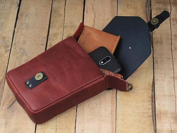 Trip Machine Company Genuine Leather Motorcycle Magnetic Fuel Tank Pouch to Carry All Your Riding Essentials (Cherry Red)