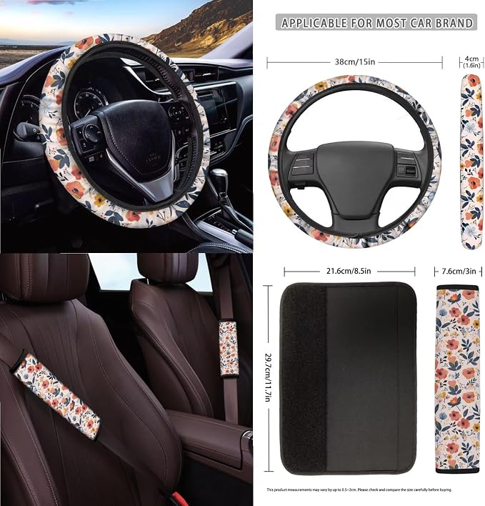 Flower Print Car Seat Cover Sets for Women Full Set, Universal Front and Rear Split Bench Seat Cover with Steering Wheel Cover Safety Belt Pads Garbage Bag Car Air Vent Organizer