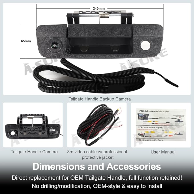 ASURE Tailgate Handle Backup Camera for 2009–2018 Dodge Ram 1500 2500 3500-1080P HD Rear View Camera, 170° Wide Angle Reverse Camera, Starlight Night Vision, OEM Replacement Truck Backup Camera