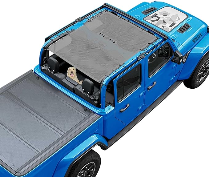 JT Top Sun Shade Roof Compatible with Jeep Gladiator 4 Door 2018 to 2023 Sunshade Sunroof Bikini Cover Blocks UV Wind Noise Gray Mesh for Full Length