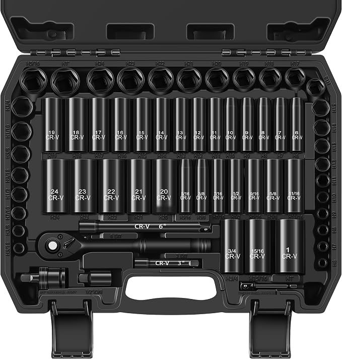 Aloanes 3/8" Drive Impact Socket Set, 64-Piece Deep & Shallow SAE (5/16"-1") & Metric (6mm-24mm) Sockets, 72-Tooth Ratchet Wrench, Universal Joint&Power Drill Adapter&Extension Bars
