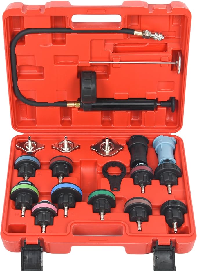 Radiator Pressure Leakage Tester Tool Kit，18pcs Cooling System Pressure Tester kit Automotive Radiator Pressure Tester for Motorcycle Car Truck, Red 1