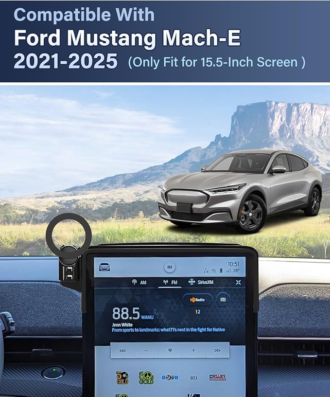 PZK Car Phone Holder for Ford Mustang Mach-E 2021 2022 2023 2024 2025 Accessories 15.5-Inch Screen Fixed Clip Compatible with MagSafe Car Phone Mount with Sunglasses Storage Box 360° Rotation