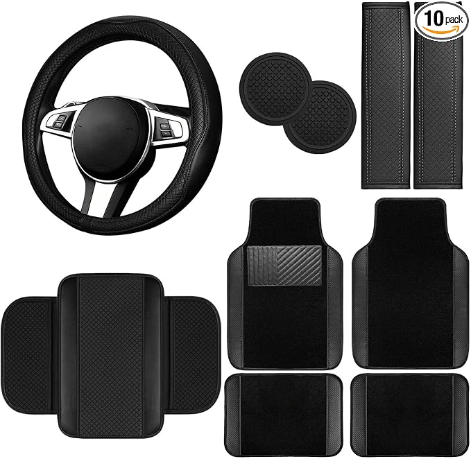 NBTEPEM 10 Pcs Car Floor Mats Full Set Car Accessories, Microfiber Leather Steering Wheel Covers 14.5-15 inch, Center Console Cover, Seat Belt Pads, Cup Coasters, Universal Interior Decor(Black)