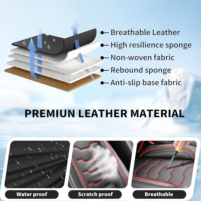 Fit Frontier Car Seat Covers Premium Leather for Nissan Frontier 2012-2025 2026. Waterproof， Anti-Slip, Scratch-Resistant & All-Weather Seat Cushion Protector (Full Set, Red Line Black)