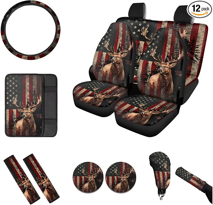 12 Pieces Patriotic Car Accessories Set, Seat Cover Set Steering Wheel Coaster Auto Seat Belt Shoulder Pads Handbrake Car Center Console Decorations 4th of July, American Flag Deer