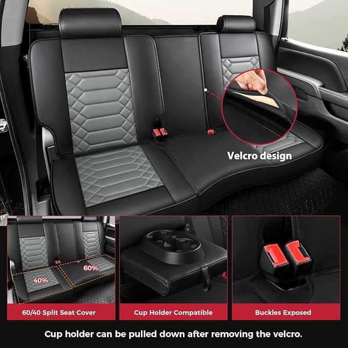 FREESOO for Silverado 2014-2018 Faux Leather Full Set Seat Covers, Fit for Chevy Silverado GMC Sierra 1500 2500 3500 Crew Cab Waterproof Truck Seat Covers BlackGrey