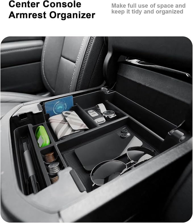 Center Console Organizer Set For 2025-2026 Chevy Tahoe/Suburban - Armrest Box Organizer Tray + Middle Console Storage Tray For 2025-2026 Tahoe/Suburban Accessories - Power Sliding Center Console Only