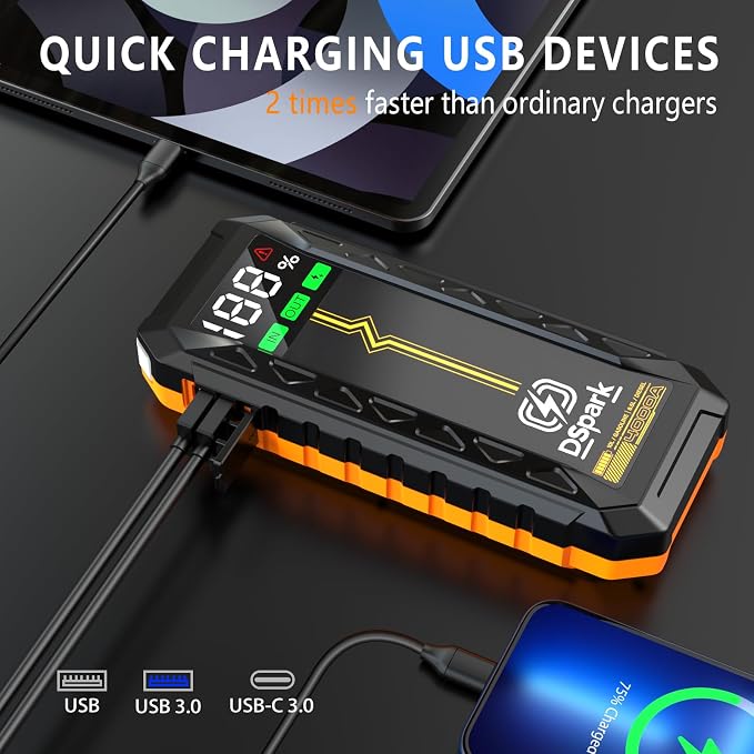 Car 4000A Jump Starter for Up to 8.5L Diesel & All Gas Engines, 12V Lithium Battery Booster Pack Jump Box, Portable Power Bank, 3 Modes LED Flashlight, 88.8W Quick Charge & Safety Protection