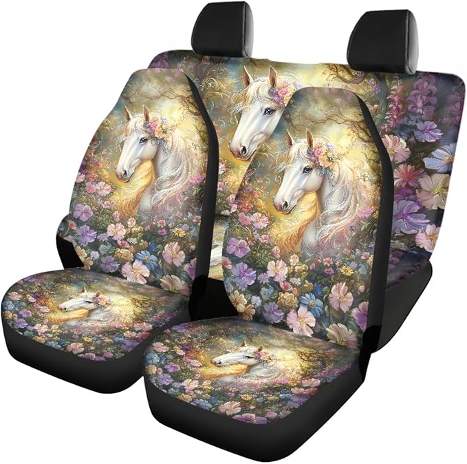 White Horse Print Car Seat Covers Full Set Auto Floor Mats Car Steering Wheel Cover Shoulder Pads Armrest Pad Roof Gloves Cup Coaster Keychain Auto Interior Accessories Set of 18