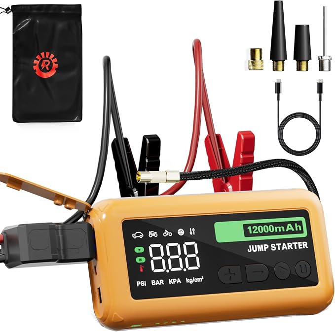 Jump Starter with 150PSI Air Compressor, 2000A Peak 12V Booster, 10000mAh Portable Car Battery Jump Starter, Up to 10L Gas/8L Diesel Engines, 33W Bidirectional fast Charging Power Bank-Orange