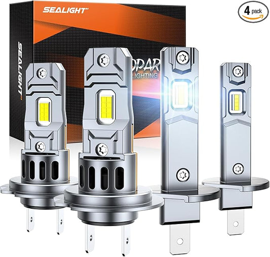 SEALIGHT H1 H7 Bulbs Combo, 100,000LM LED Fog Lights with 14000RPM Cooling Fan, Plug-N-Play, Pack of 4