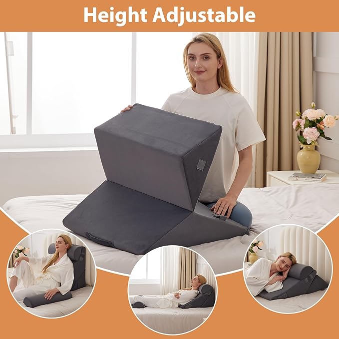 BIEEZZK 4PCS Wedge Pillow Set for After Surgery, Back Pillow for Bed Sitting up, 9&12inch Adjustable Memory Foam Bed Wedges, Pillow Wedge for Acid Reflux, Back Pain Relief, Snoring, Plush Grey