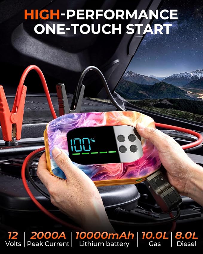 2000A Jump Starter with Air Compressor, Portable Car Battery Jump Starter, 12V Booster for Gas/Diesel Engines, 150PSI Tire Inflator 10000ma/h 33W Bidirectional fast Charging Power Bank-Orange