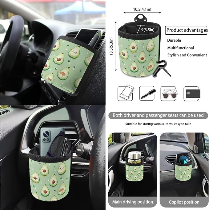 Avocado Print 15Pcs Car Interior Cover Set Includes Car Seat Covers Front and Back Full Set Steering Wheel Cover Safety Belt Pads Rear View Mirror Protector Cup Mats, Green