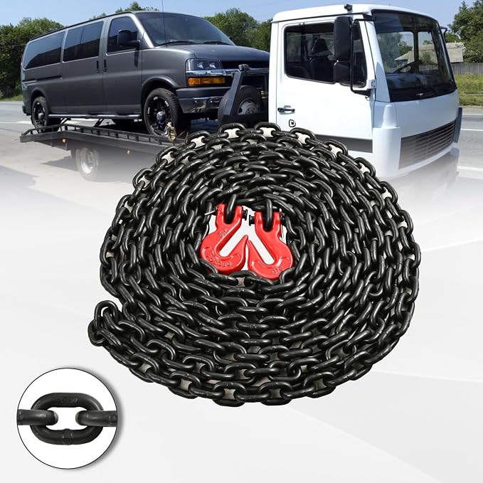Heavy Duty G80 Transport Binder Chain 5/16'' Inch x 20 Feet,Tow Chain with G70 Clevis Grab Hooks,4900 lbs Safe Working Load Logging for Transporting, Towing(5/16'' x 20FT Black).