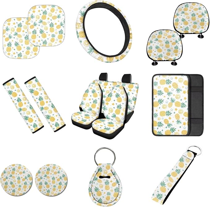 16 Pcs Pineapple Car Seat Covers Full Set Sun Shade Windshield with Steering Wheel Cover Seatbelt Pads Coasters Keychain Armrest Cushion and Pillow,Fruit Car Accessories Universal Fit