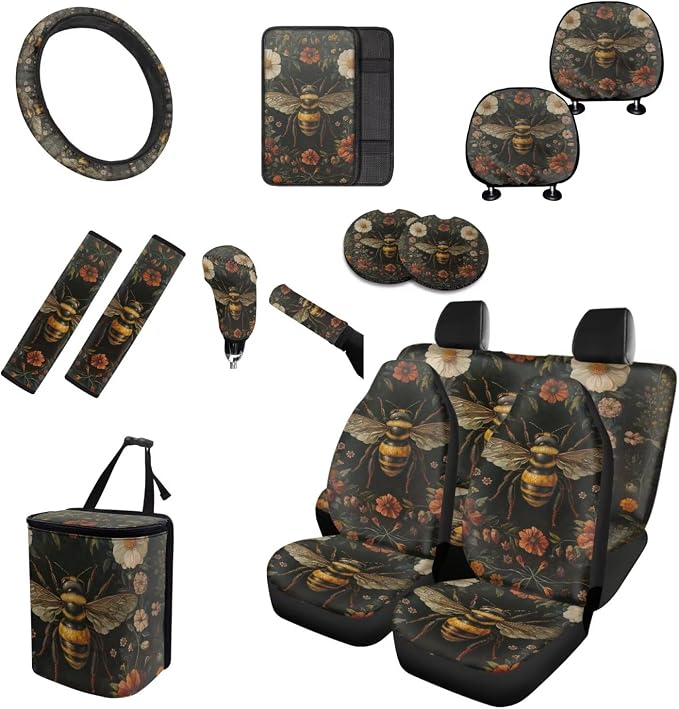 Floral Bee Seat Covers for Cars Full Set 15 Pcs Seat Covers Front and Back with Steering Wheel Cover Seatbelt Pad Coasters Trash Can Car Headrest Pillow Covers Armrest Pad
