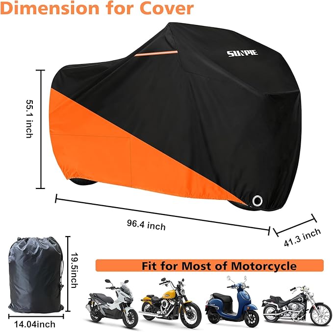 SUNPIE Motorcycle Cover for Sport Bikes Cruiser, All Weather Protection Waterproof Outdoor Covers Fit up to 96.4 inch Motorbike Windproof Design UV Resistant Scratch Proof
