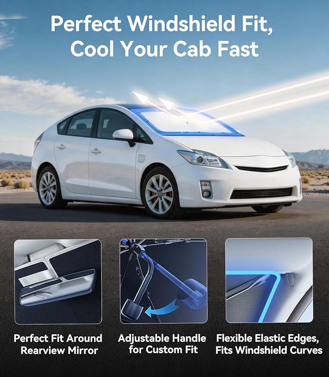 Nmoiss [Vinyl Coating Heat Shield] Windshield Sun Shade Umbrella Custom for Toyota Prius, Protect Car from Sun Rays & Heat Damage Keep Cool and Protect Interior