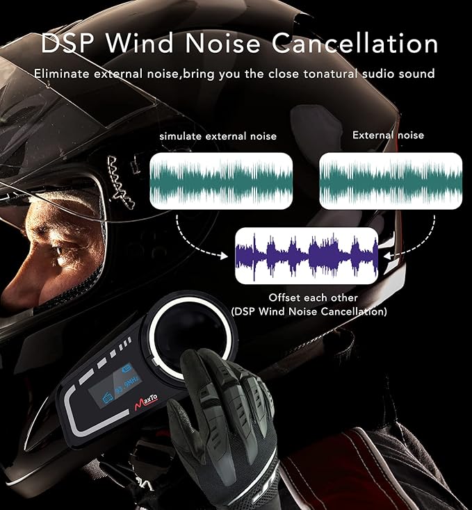 MAXTO Motorcycle Bluetooth Headset M2C 1000M 6 Riders Group Helmet Communication System with LCD Screen Universal Motorbike Intercom Waterproof Casco de Motor Intercomunicador FM/GPS/Siri(1 Pack)