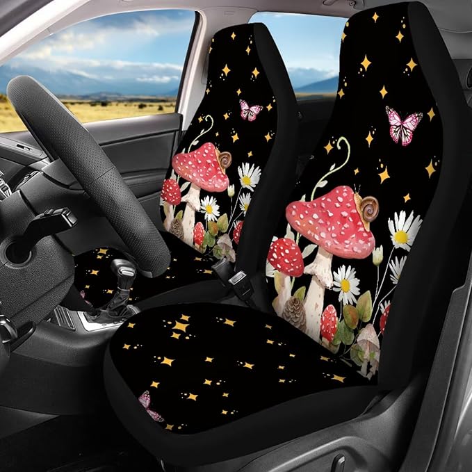 Butterfly Car Seat Covers Full Set of 17 Pcs Mushroom Car Accessories with Steering Wheel Auto Covers,Steering Wheel Car Covers,Seat Belt Pads,Armrest Pad,Butterfly Car Floor Mats Set of 4