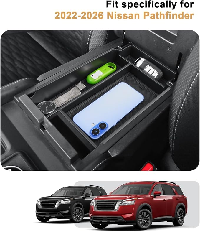 Center Console Organizer For 2022-2026 Nissan Pathfinder - Armrest Box Storage Tray Compatible with 2022-2026 Pathfinder Accessories - Center Console Armrest Organizer Solid ABS With Anti-Slip Mat