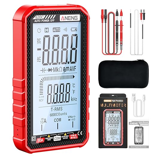 Digital Multimeter Tester, Smart Multimeter with Auto Ranging Digital Voltmeter Measures Voltage Current Resistance Continuity Capacitance Temperature for Electricians,DIY (620C Red)