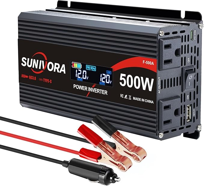 500 Watt Car Power Inverter 12V DC to 110V/120V AC Converter 1000W Peak with LCD Display, 2 AC Outlets & PD Type-C & USB 3.0, Car Plug in Adapter Outlet Supplies Power to Appliances on Car Boat