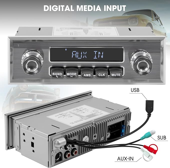 Single Din Classic Car Stereo: Vintage Retro Style Radio for Truck - Bluetooth LCD Display AM FM Receiver USB AUX-in Pre-amp Subwoofer Output