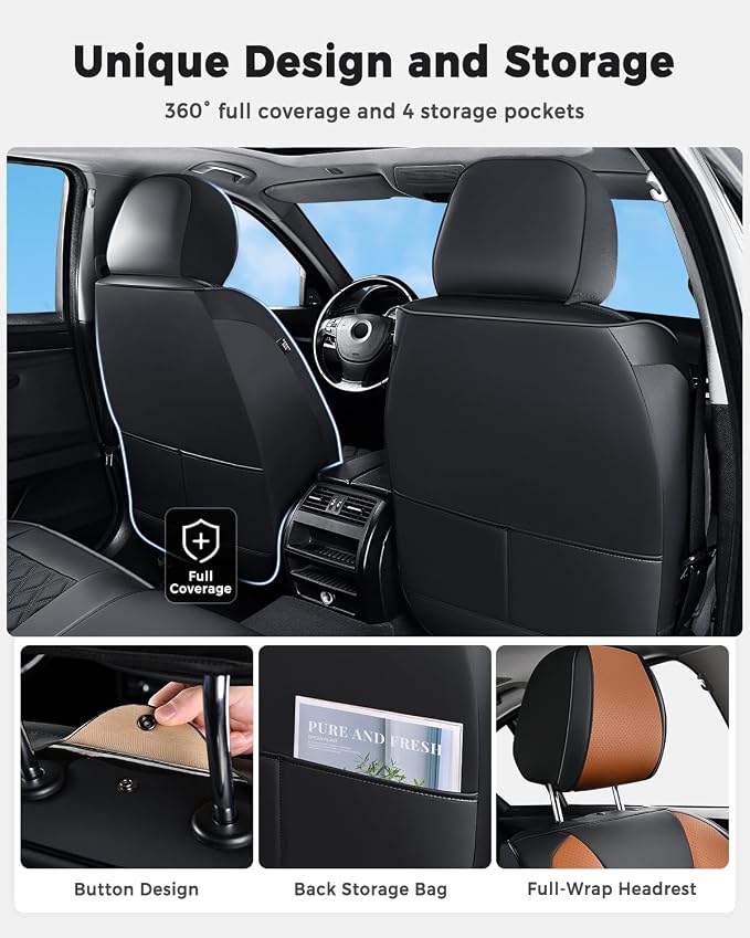 Huidasource Universal Car Seat Covers, Luxury Waterproof Faux Leather, Airbag Compatible, Easy to Install, Full Access to Seat Functions, Stain & Wear Resistant for Daily Driving, Brown & Black