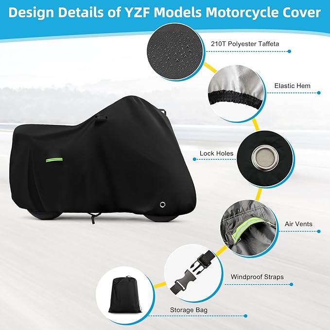 Motorcycle Cover Waterproof for Yamaha R1 R3 R6 R7 R9, Heavy Duty Outdoor Sun Rain Snow UV Dust All Weather Protection Motorbike Cover with Soft Cotton Lining & Lock Hole