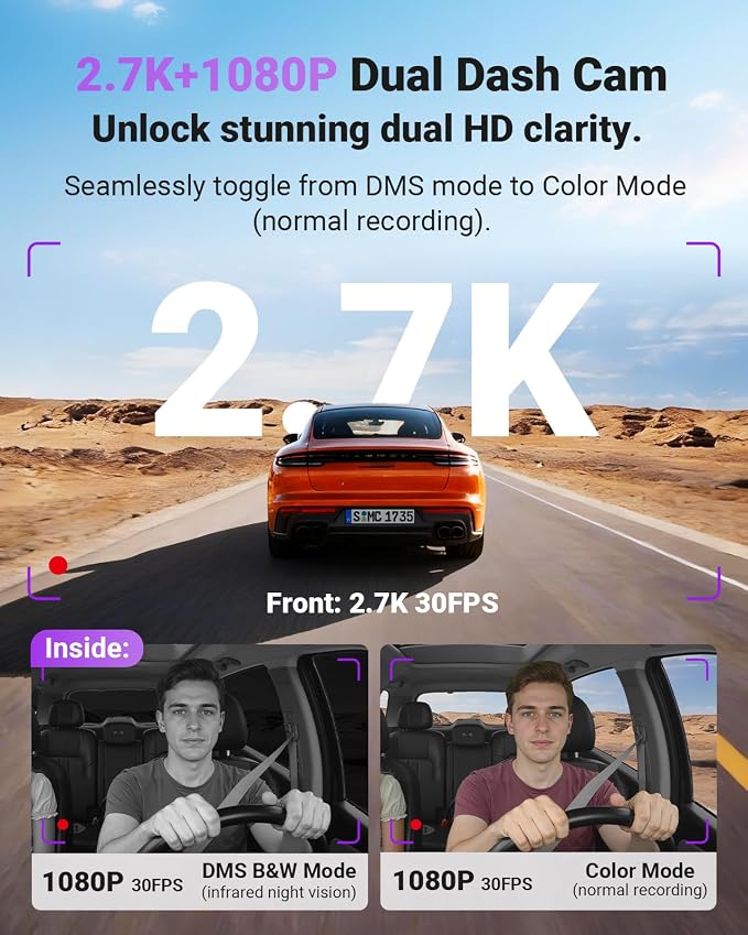 Vantrue S1 Pro DMS AI Dash Cam Front and Inside, ADAS, DMS, 2.7K 2 Channel Dash Camera, STARVIS 2 Dashcam, HDR Night Vision, 5G WiF i& GPS, APP/Voice Control, 24/7 Parking Mode, 1TB Max