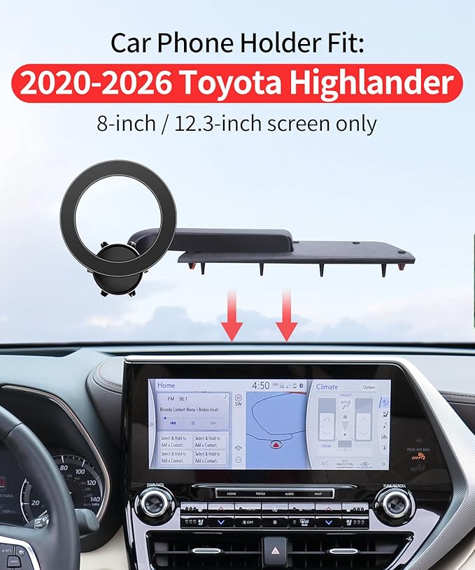 Car Phone Holder for Toyota Highlander 2020-2026 Accessories 8/12.3-Inch Screen Fixed Clip, 360° Rotation Phone Mount Compatible with MagSafe,Dashboard Original-Size Replacement Model
