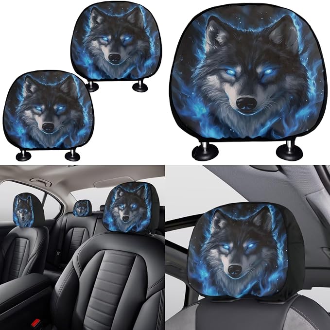 KEIAHUAN Blue Wolf Car Seat Cover Full Set for Men Includes Front and Back Seats Covers Handbrake and Gear Shift Knob Cover Car Headrest Steering Wheel Cover Cup Holder 11 Pcs