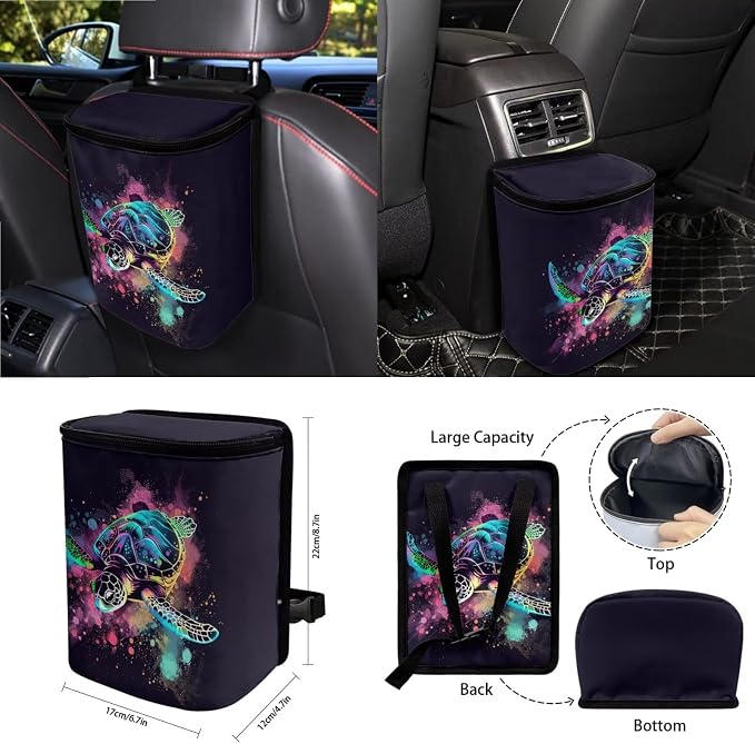 Turtle Paint Spatter Print Car Accessories Set of 15, Auto Seat Protector Steering Wheel Cushion Seat Belt Pad Air Vent Bag Trash Can Keychain Mirror Cover Cup Coasters