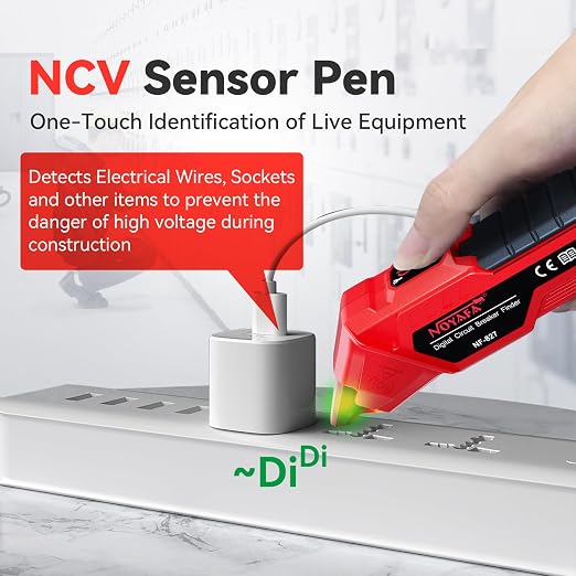 NF-827S Circuit Breaker Locator, GFCI Outlet Tester, Circuit Breaker Finder Tool, 90-120V AC Digital Circuit Finder with NCV Testing and Flashlight, Includes Carrying Case and Adapters