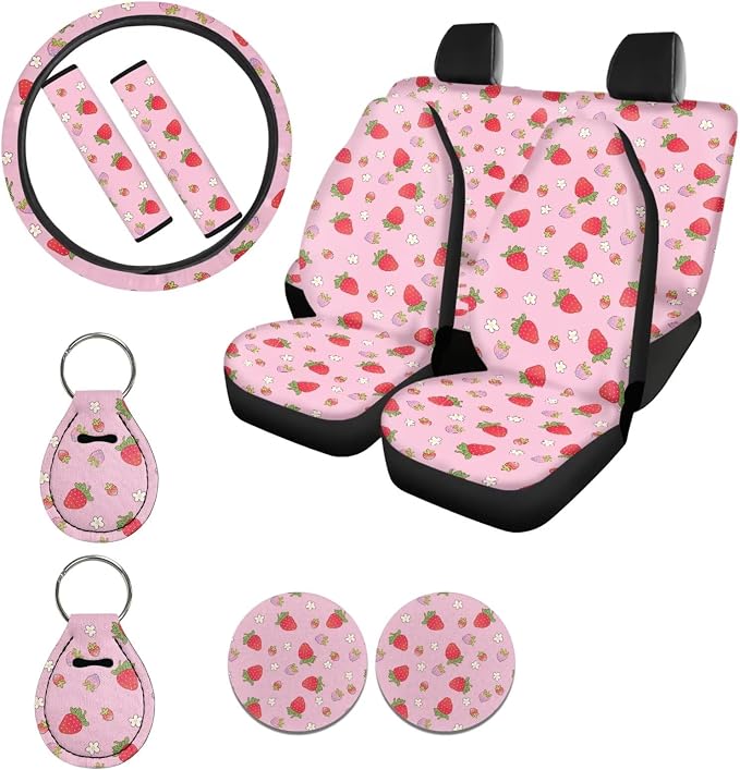 Ystardream Strawberry Car Interior Seat Cover Full Set Pink Seat Covers for Car for Women Automotive Vehicle Cushion Cover for Cars SUV Full Set Front and Back Seats Protectors Covers