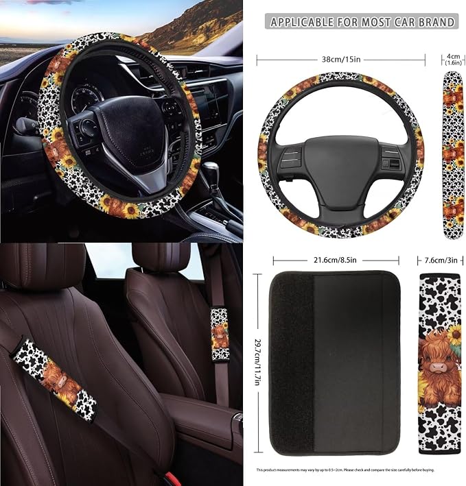 Highland Cattle Cow Sunflower Print 15pcs Car Accessories, Full Set Seat Covers, Streering Wheel Cover, Trash Bin, Seat Belt Pad, Keychain, Air Vent Bag, Coasters, for Most Van SUV Sedan