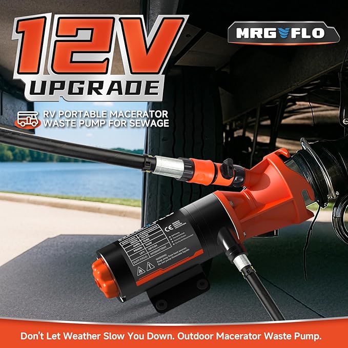 RV Macerator Pump 12V,Portable Macerator Waste Pump,12GPM Suction 3.2 feet Lift 10 feet with Garden Hose Discharge Port,Quick Release Sewage Pump with Fresh Water Rinse and Manual Crushing Function.