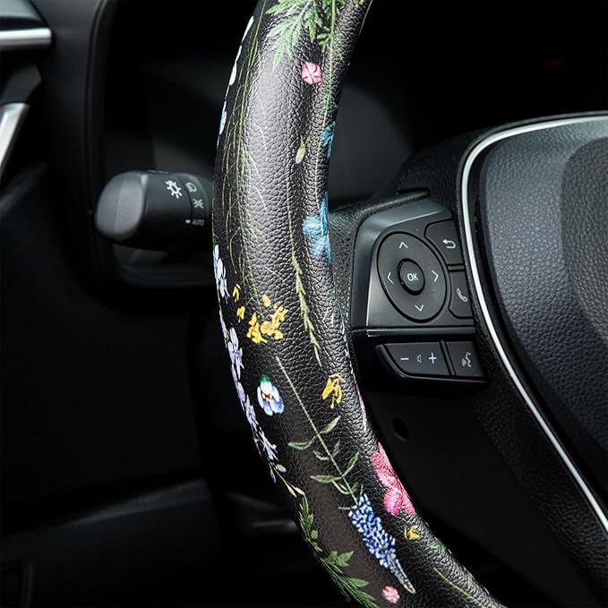 Multicolor Wildflower Steering Wheel Cover Auto Jacquard Steering Wheel Protector, Anti-Slip, Breathable, Absorbing Sweat, Universal Car Accessories 14.5–15 inch,Fit for Most Car, Trucks, SUV