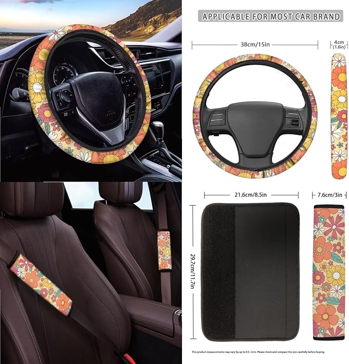 Vintage Hippie Floral Print 15Pcs Car Seat Cover Full Set Car Steering Wheel Cover Seat Belt Cover Trash Bin Air Vent Storage Box Front Rear View Mirror Car Cup Holder Keychain