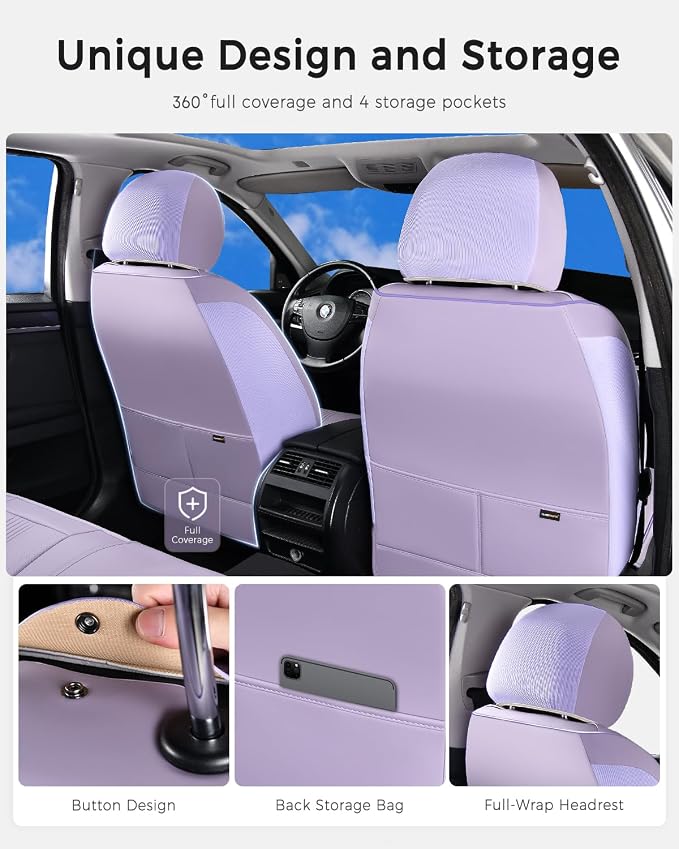Huidasource Purple Front Seat Cover, Nappa Leather Front Car Seat Cover with Lumbar Support, Ventilation Holes, Side Elastic Fabric, Airbag, Full-Coverage Seat Covers, for Most Cars SUV Trucks, Purple