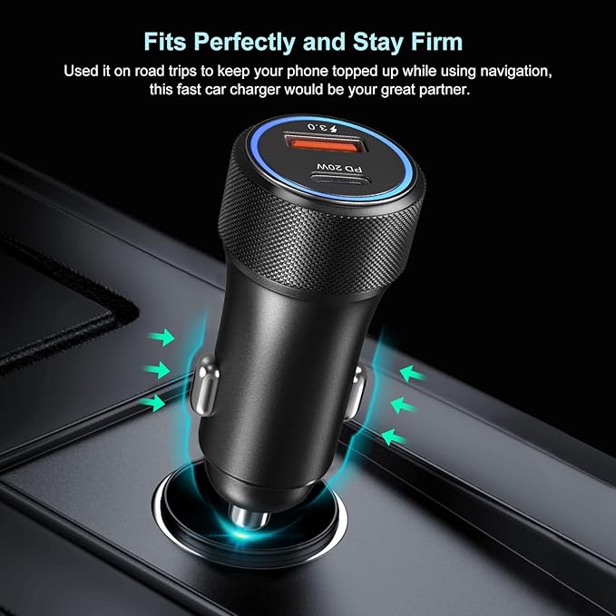 36W Dual Port Car Charger Adapter with 60W USB Type C Coiled Cable PD&QC 3.0 Fast Charging Cigarette Lighter USB Charger for iPhone, Galaxy, Pixel Devices