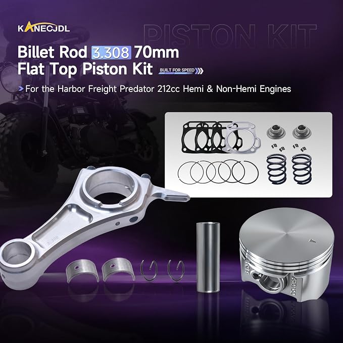 Billet Rod（3.308）With 70mm Flat Top Piston Kit for the Harbor Freight Predator 212cc Hemi and Non-Hemi versions Engine