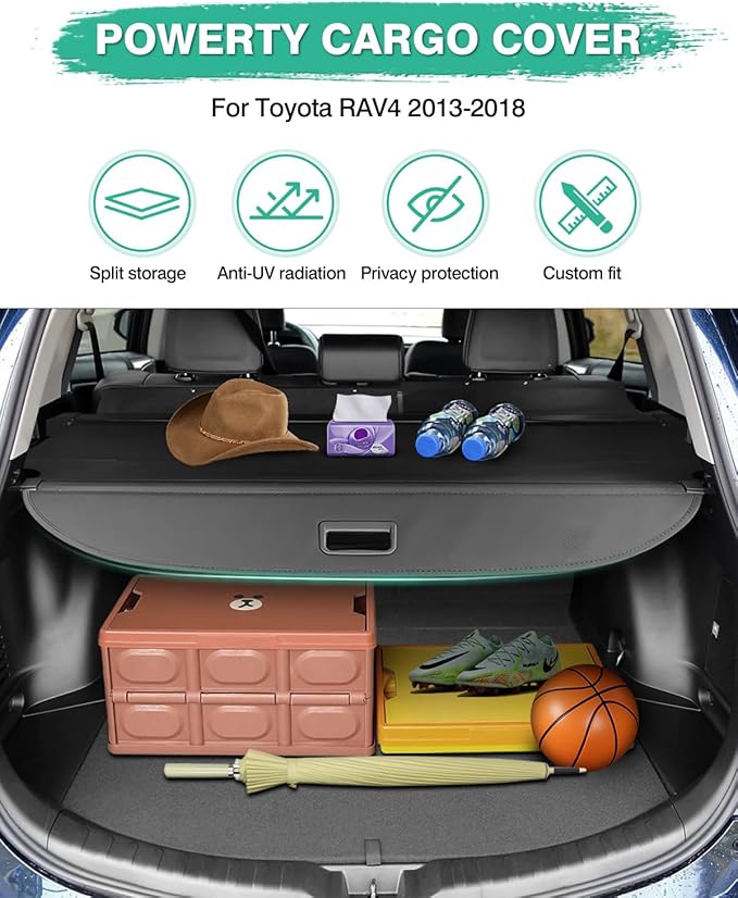 Powerty Cargo Cover for Toyota RAV4 2013-2018, Retractable Trunk Cover Privacy Cover Truck Replacement for 2013-2018 Toyota RAV4 Accessories