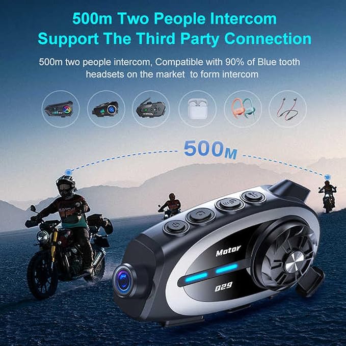 Motorcycle Helmet Intercom with Camera 1080P – Wireless5.4 Helmet Headset with WiFi, Voice Assistant, Support 1600FT Intercom, Noise Reduction, IP56 Waterproof, 1500mAh Battery, Music Sharing