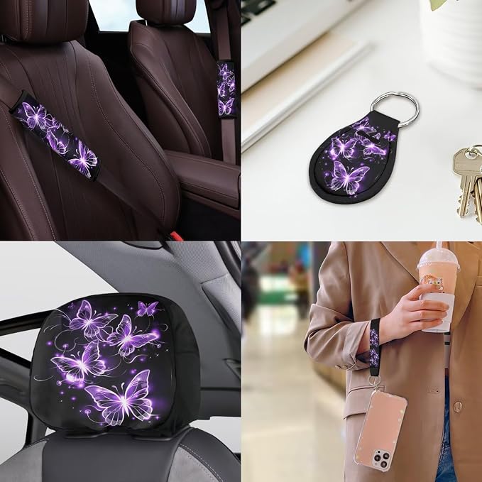 Butterfly Car Seat Covers Full Sets of 18 Pcs Purple Butterfly Car Interior Accessories Set with Steering Wheel Cover Car Trash Can Car Headrest Covers Belt Pads Cover Armrest Pad for Women