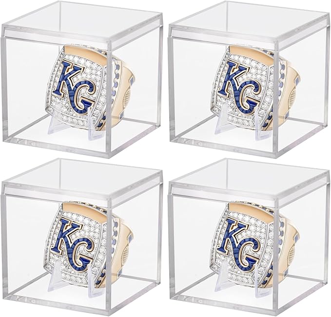 4 Pack Championship Ring Display Case Clear Acrylic Ring Case Display Box for Sports Baseball Softball Football Basketball Single Ring Coin Holder Stand, 2.16 Inch