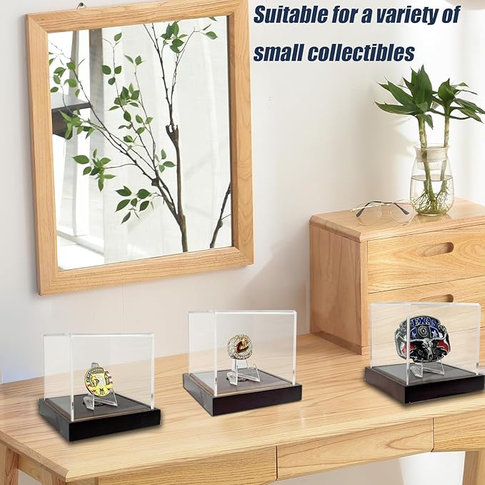 Belt Buckle Display Case - 4"x4"x3.5" Clear Acrylic Box with Solid Wood Base & Stand - UV Protected, Dust-Resistant - for Coins, Watches, Medals, Cards